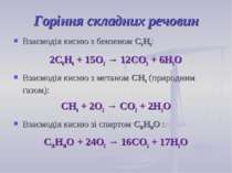 Горіння складних речовин Взаємодія кисню з бензеном С6Н6: 2C6H6 + 15О2 → 12CO...