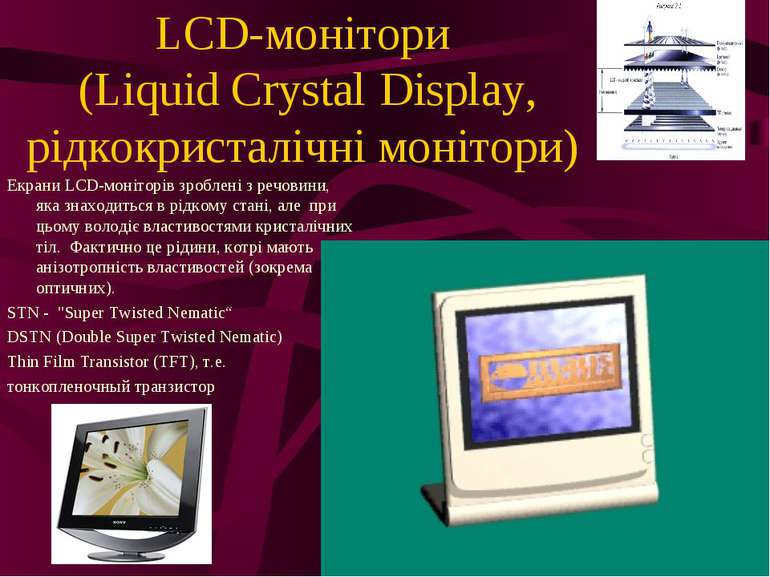 LCD-монітори (Liquid Crystal Display, рідкокристалічні монітори) Екрани LCD-м...