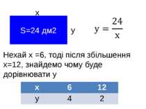 S=24 дм2 х у Нехай х =6, тоді після збільшення х=12, знайдемо чому буде дорів...