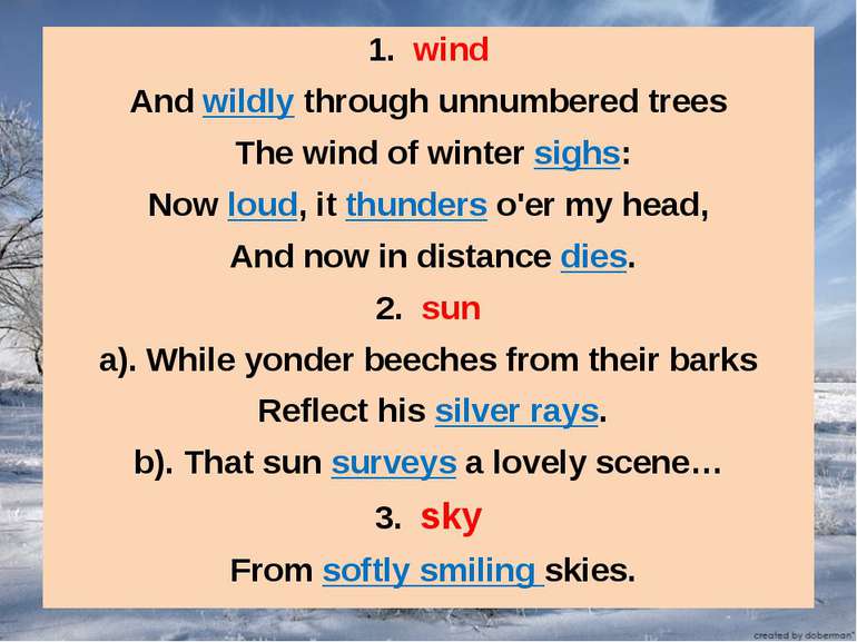 1. wind And wildly through unnumbered trees The wind of winter sighs: Now lou...