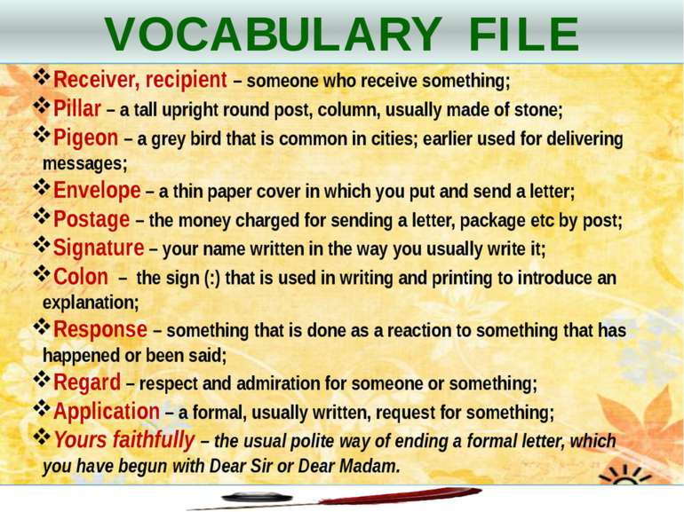 VOCABULARY FILE Receiver, recipient – someone who receive something; Pillar –...