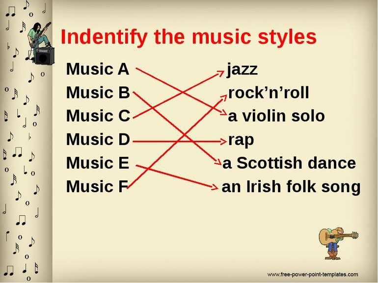 Indentify the music styles Music A jazz Music B rock’n’roll Music C a violin ...