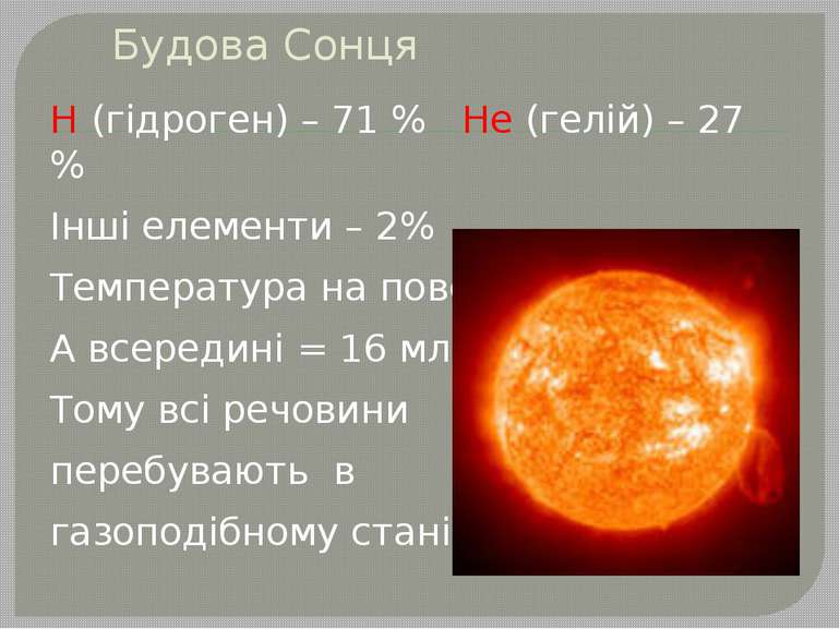 Будова Сонця Н (гідроген) – 71 % Не (гелій) – 27 % Інші елементи – 2% Темпера...