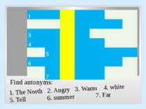 Find antonyms: 1. The North 2. Angry 3. Warm 4. white 5. Tell 6. summer 7. Fa...