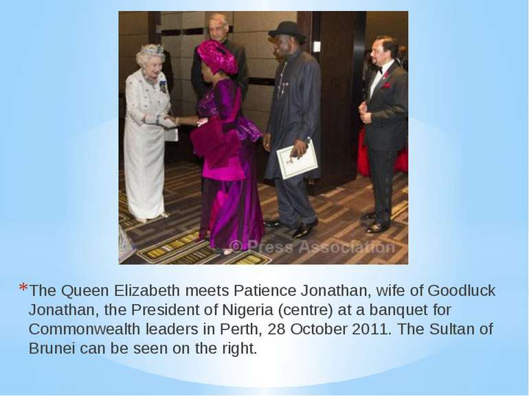 The Queen Elizabeth meets Patience Jonathan, wife of Goodluck Jonathan, the P...