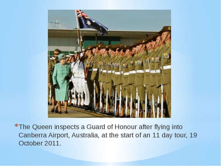 The Queen inspects a Guard of Honour after flying into Canberra Airport, Aust...