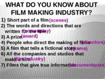 WHAT DO YOU KNOW ABOUT FILM MAKING INDUSTRY? Short part of a film 2) The word...