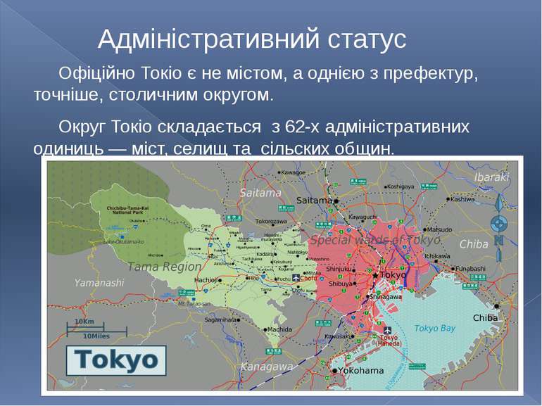 Адміністративний статус Офіційно Токіо є не містом, а однією з префектур, точ...