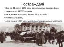Постраждалі Вже до 31 липня 1947 року, за польськими даними, було: переселено...