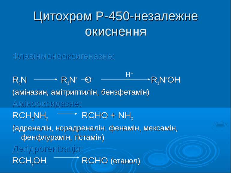 Цитохром Р-450-незалежне окиснення Флавінмонооксигеназне: R3N R3N+ O- R3N+OH ...