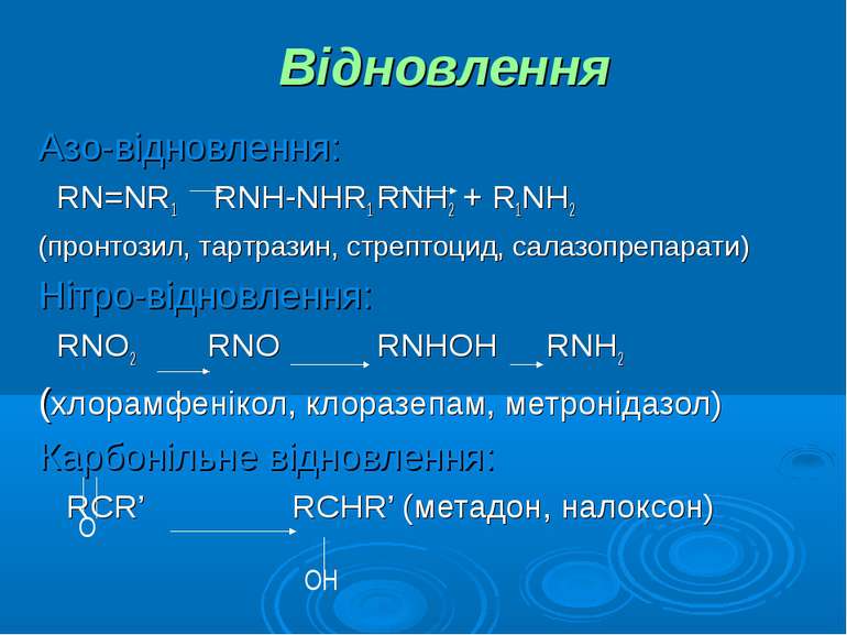 Відновлення Азо-відновлення: RN=NR1 RNH-NHR1 RNH2 + R1NH2 (пронтозил, тартраз...