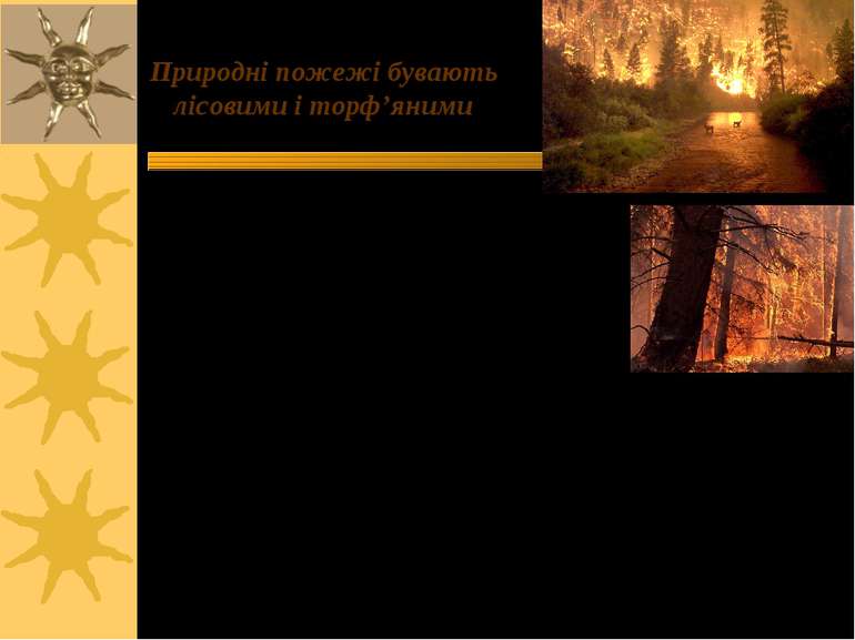 Природні пожежі бувають лісовими і торф’яними Причини виникнення: 1) природні...