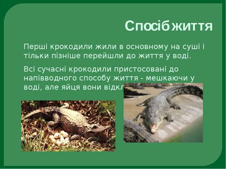 Спосіб життя Перші крокодили жили в основному на суші і тільки пізніше перейш...