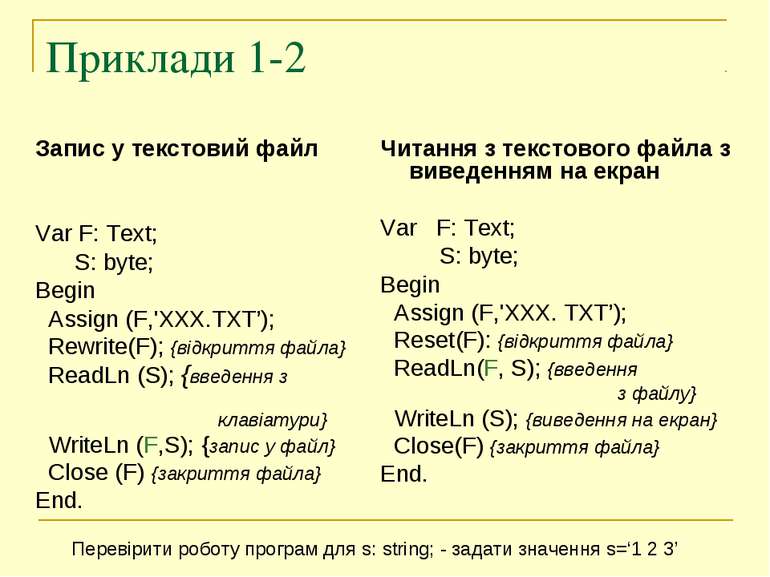 Приклади 1-2 Запис у текстовий файл Var F: Text; S: byte; Begin   Assign (F,'...