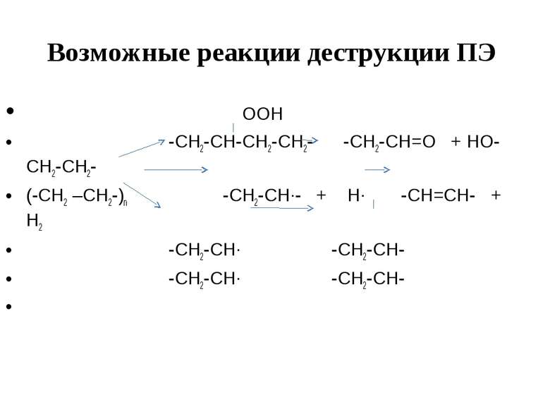 Возможные реакции деструкции ПЭ OOH -CH2-CH-CH2-CH2- -CH2-CH=O + HO-CH2-CH2- ...