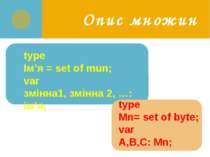 Опис множин type Ім’я = set of mun; var змінна1, змінна 2, …: ім’я; type Mn= ...