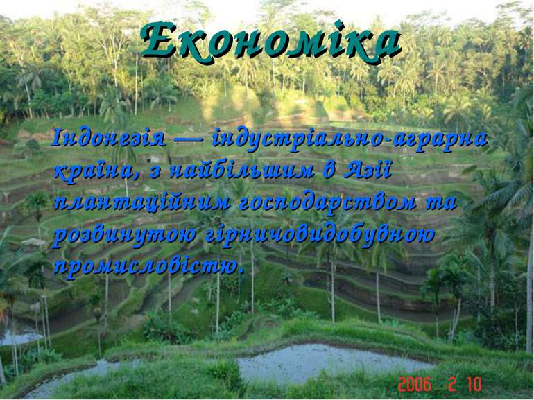 Економіка Індонезія — індустріально-аграрна країна, з найбільшим в Азії плант...