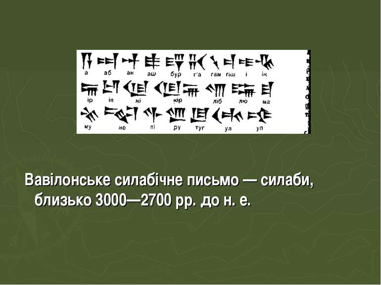 Вавілонське силабічне письмо — силаби, близько 3000—2700 pp. до н. е.