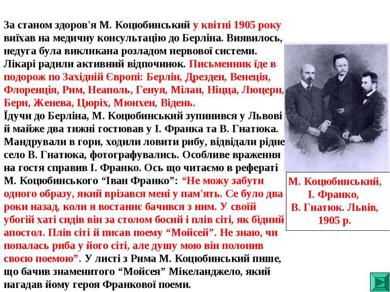 За станом здоров'я М. Коцюбинський у квітні 1905 року виїхав на медичну консу...
