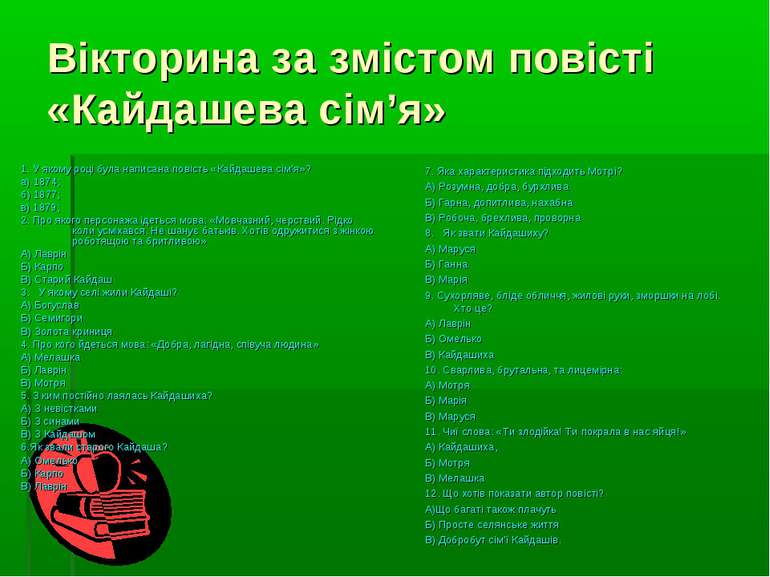 Вікторина за змістом повісті «Кайдашева сім’я» 7. Яка характеристика підходит...