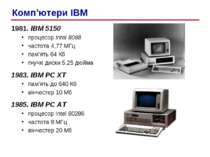 1981. IBM 5150 процесор Intel 8088 частота 4,77 МГц пам’ять 64 Кб гнучкі диск...