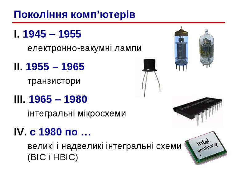 I. 1945 – 1955 eлектронно-вакумнi лампи II. 1955 – 1965 транзистори III. 1965...