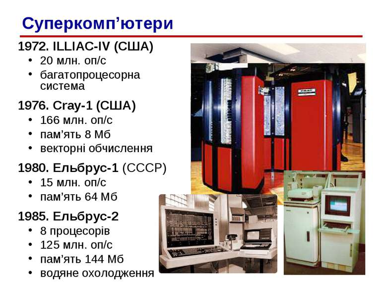 1972. ILLIAC-IV (США) 20 млн. оп/c багатопроцесорна система 1976. Cray-1 (США...