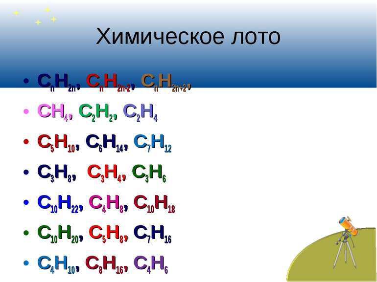 Химическое лото СnH2n, CnH2n-2, CnH2n+2, CH4, C2H2, C2H4 C5H10, C6H14, C7H12 ...