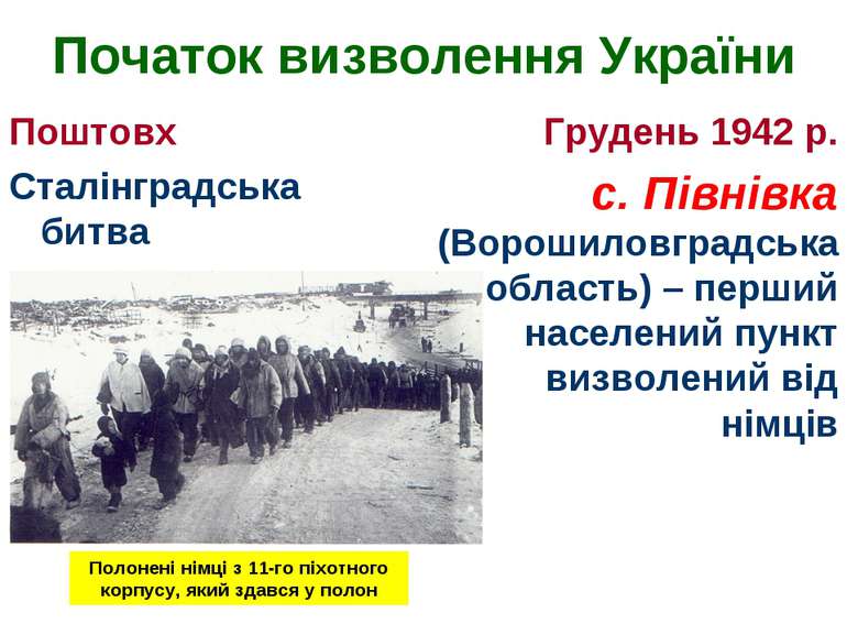 Початок визволення України Поштовх Сталінградська битва Грудень 1942 р. с. Пі...