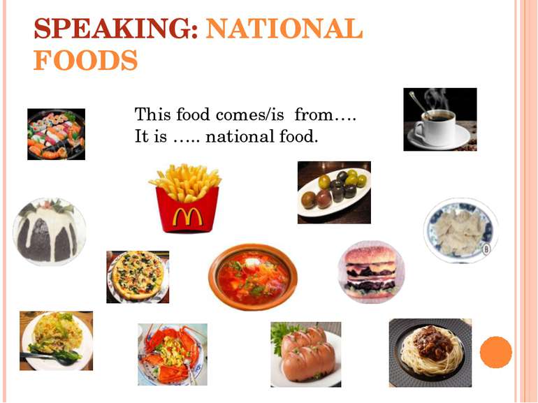 SPEAKING: NATIONAL FOODS This food comes/is from…. It is ….. national food.