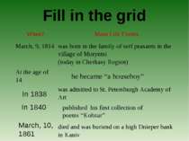 Fill in the grid In 1838 he became “a houseboy” March, 10, 1861 published his...