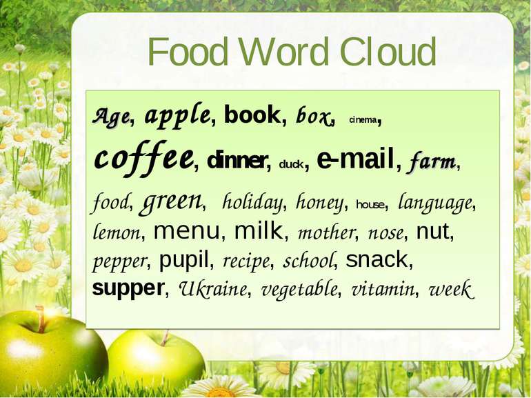 Food Word Cloud Age, apple, book, box, cinema, coffee, dinner, duck, e-mail, ...