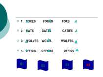 1. FOXES FOXIES FOXS 2. CATS CATES CATIES 3. WOLVES WOLFS WOLFES 4. OFFICIS O...