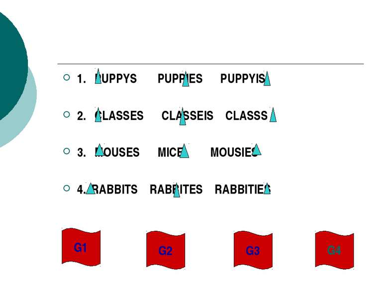 1. PUPPYS PUPPIES PUPPYIS 2. CLASSES CLASSEIS CLASSS 3. MOUSES MICE MOUSIES 4...