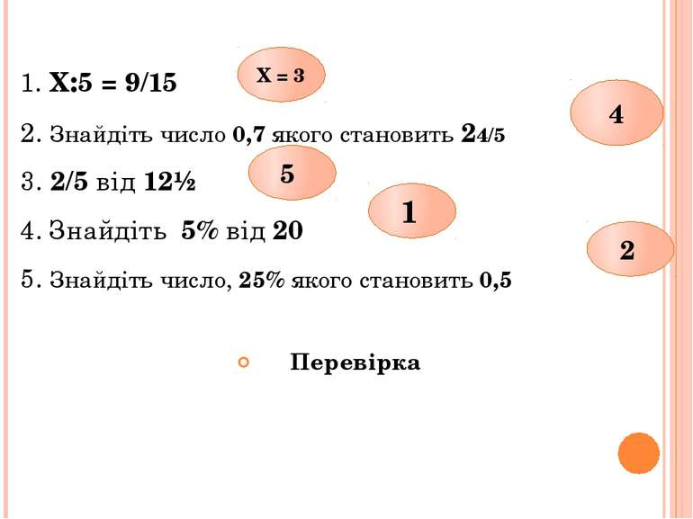 1. Х:5 = 9/15 2. Знайдіть число 0,7 якого становить 24/5 3. 2/5 від 12½ 4. Зн...