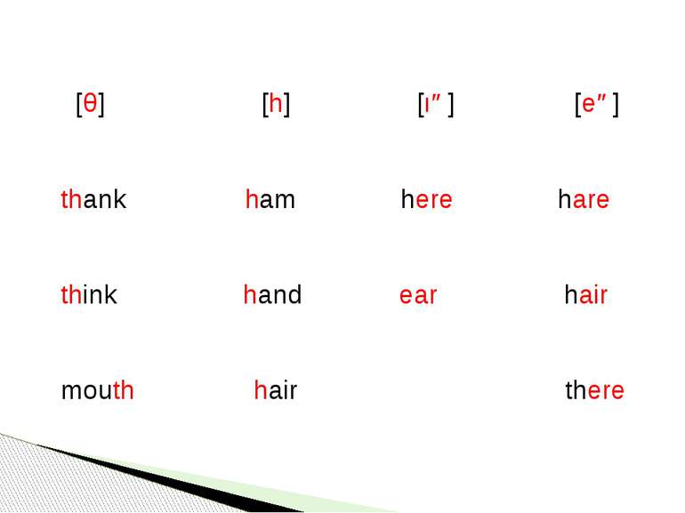 [θ] [h] [ıə] [eə] thank ham here hare think hand ear hair mouth hair there