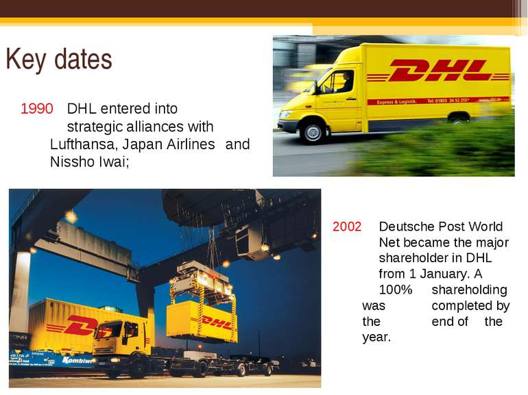 Key dates 1990 DHL entered into strategic alliances with Lufthansa, Japan Air...