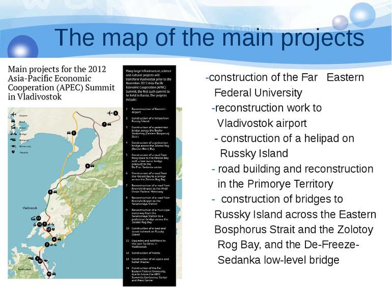 The map of the main projects -construction of the Far Eastern Federal Univers...