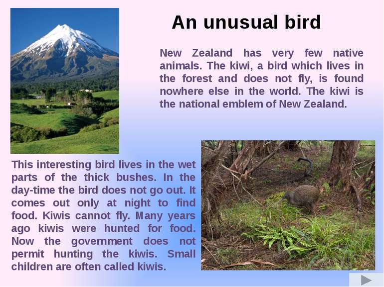 New Zealand has very few native animals. The kiwi, a bird which lives in the ...
