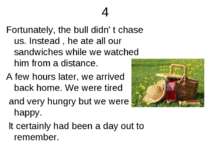 4 Fortunately, the bull didn' t chase us. Instead , he ate all our sandwiches...