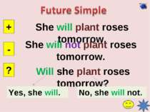 She will plant roses tomorrow. + - ? She will not plant roses tomorrow. Will ...