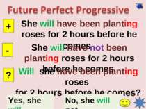 She will have been planting roses for 2 hours before he comes . + - ? She wil...