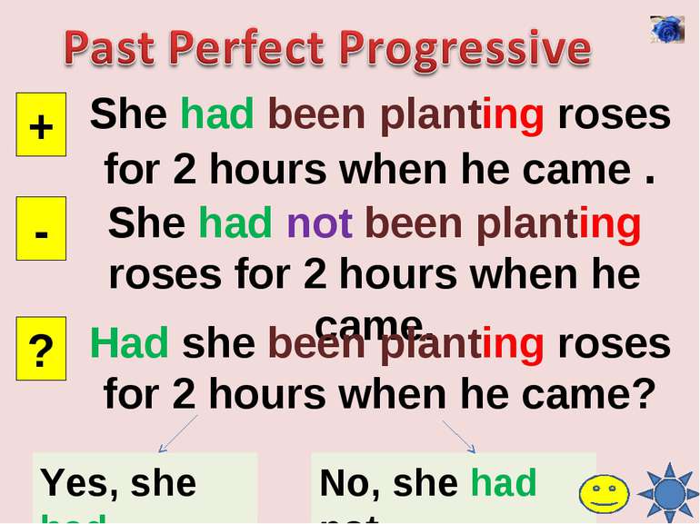 She had been planting roses for 2 hours when he came . + - ? She had not been...