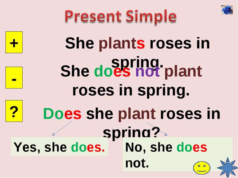She plants roses in spring. + - ? She does not plant roses in spring. Does sh...