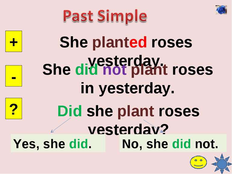 What does she do перевод. She planted Roses. She doesn't PLA NT Roses in Spring перевод. She will planted a Rose.