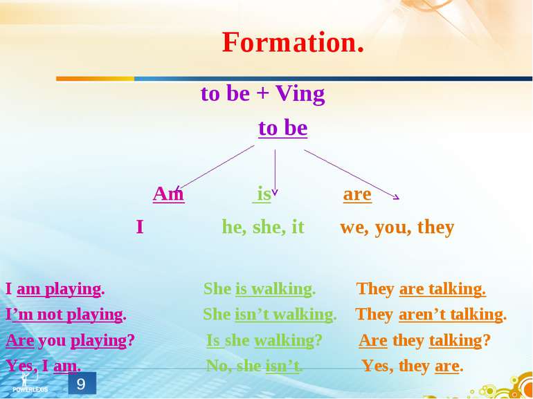 Formation. to be + Ving to be Am is are I he, she, it we, you, they I am play...