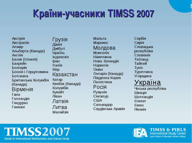 Країни-учасники TIMSS 2007 Австрія Австралія Алжир Альберта (Канада) Англія Б...