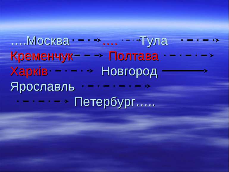 ….Москва …. Тула Кременчук Полтава Харків Новгород Ярославль Петербург…..