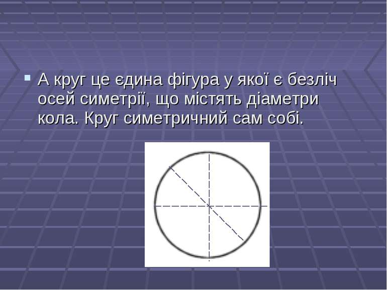 А круг це єдина фігура у якої є безліч осей симетрії, що містять діаметри кол...