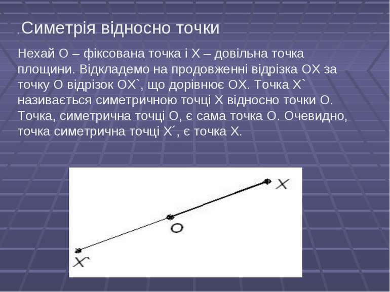 . Симетрія відносно точки Нехай О – фіксована точка і Х – довільна точка площ...